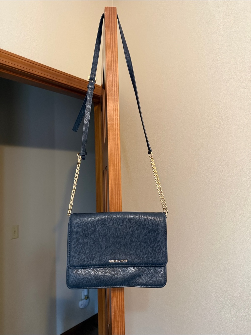 Michael Kors Navy Leather Crossbody with Gold Chain